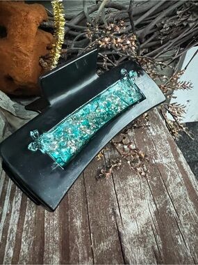 Black Hair Claw Clip with Teal Decorative Inlay